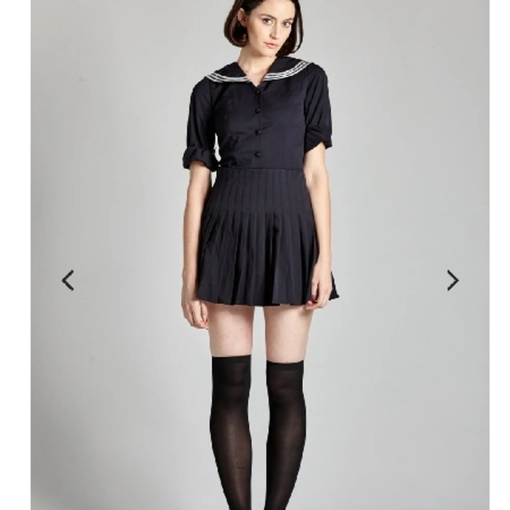 Navy Pleated Dress with Collar